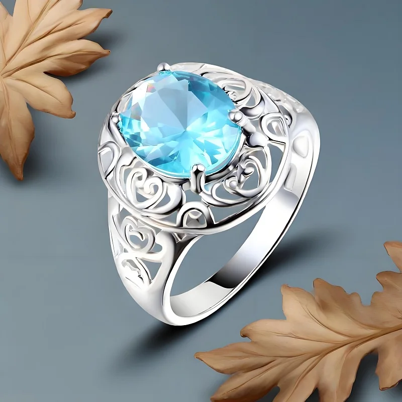 

Luxury Mysterious 925 Sterling Silver Sea Blue Crystal Cubic Zircon Hollow Rings For Women Anniversary Party Trendy Jewelry Gift