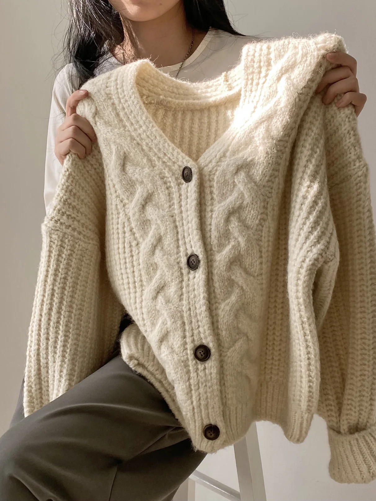 Chic V-Ne Bubble Sve suéter cárdigan abierto de punto suelto para mujer Otoño Invierno Simple Lazy Sle fibra de poliéster largo Sl...