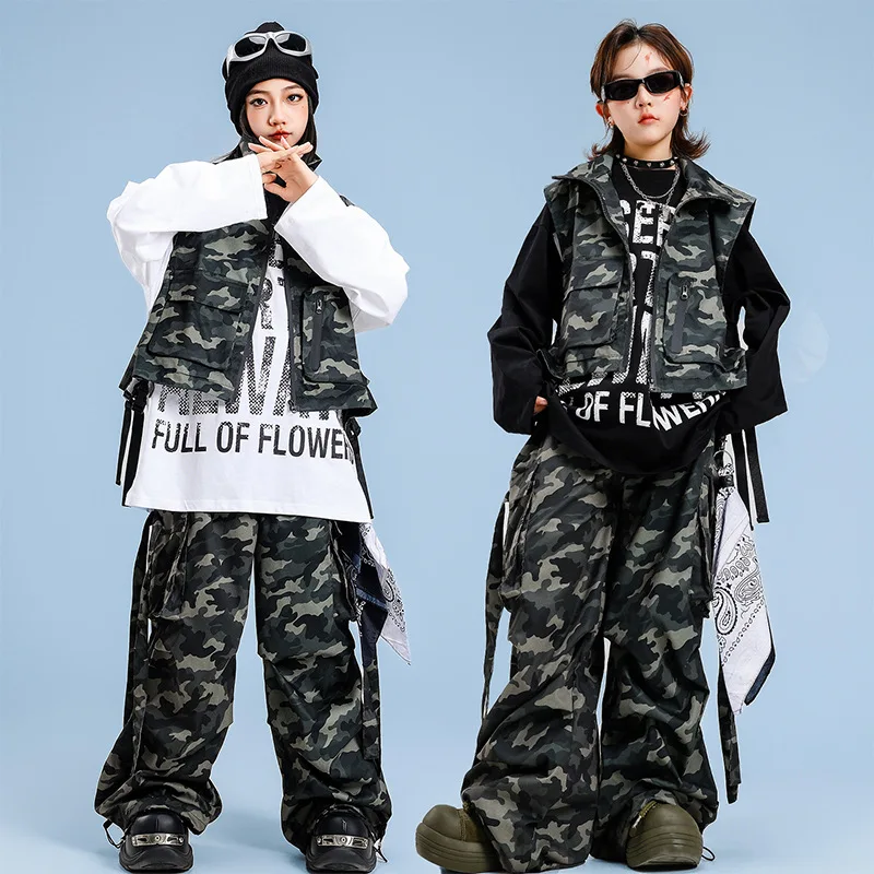 Jungen Hip Hop Kleidung Schwarz Weiß Langarm Top Camouflage Weste Hosen Outfit Mädchen Jazz Dance Kostüm Street Dance Kleidung Set