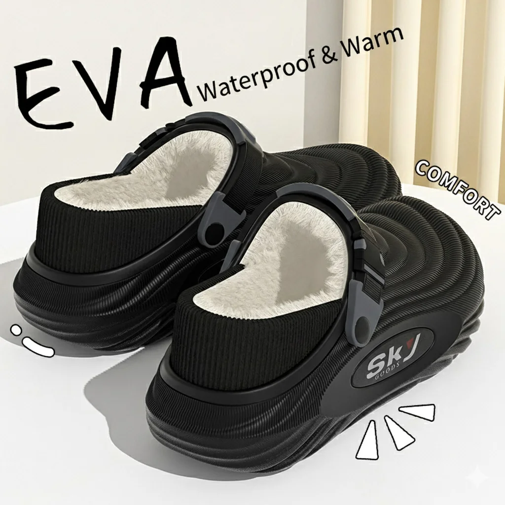 Men's Winter Warm Waterproof EVA Slippers Thick Sole 4CM Anti Slip Fur Lined Indoor Outdoor Shoes For Comfort image 3