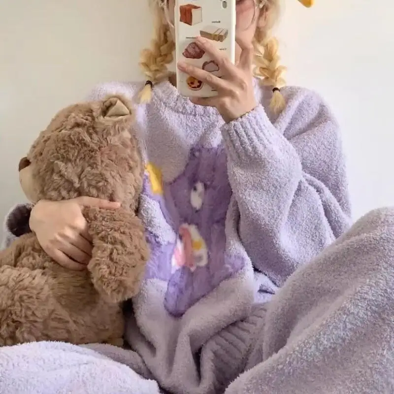 Pijamas de mujer de Corea del Sur, ropa de dormir dulce de dibujos animados, forro polar coral para otoño e invierno, traje grueso para mantener el calor