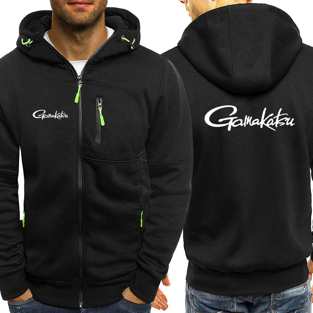 

2023 Men's New Gamakatsu Fishing Logo Print Slim Fit Hooded Long Sleeve Sweatshirt Solid Color Fashion Zipper Jackets Casual Top