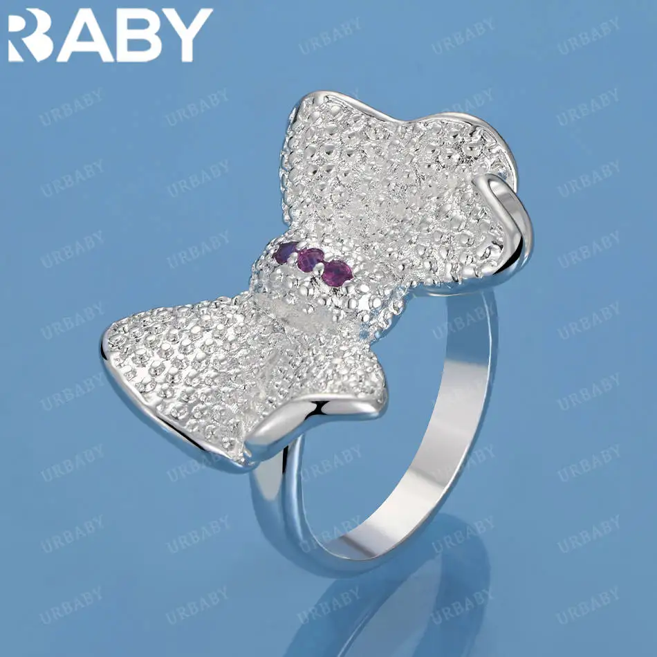 

URBABY 925 Sterling Silver Size 7-10 Pink Zircons Bowknot Ring For Women Fashion Jewelry Charm Grace Noble Wedding Accessories
