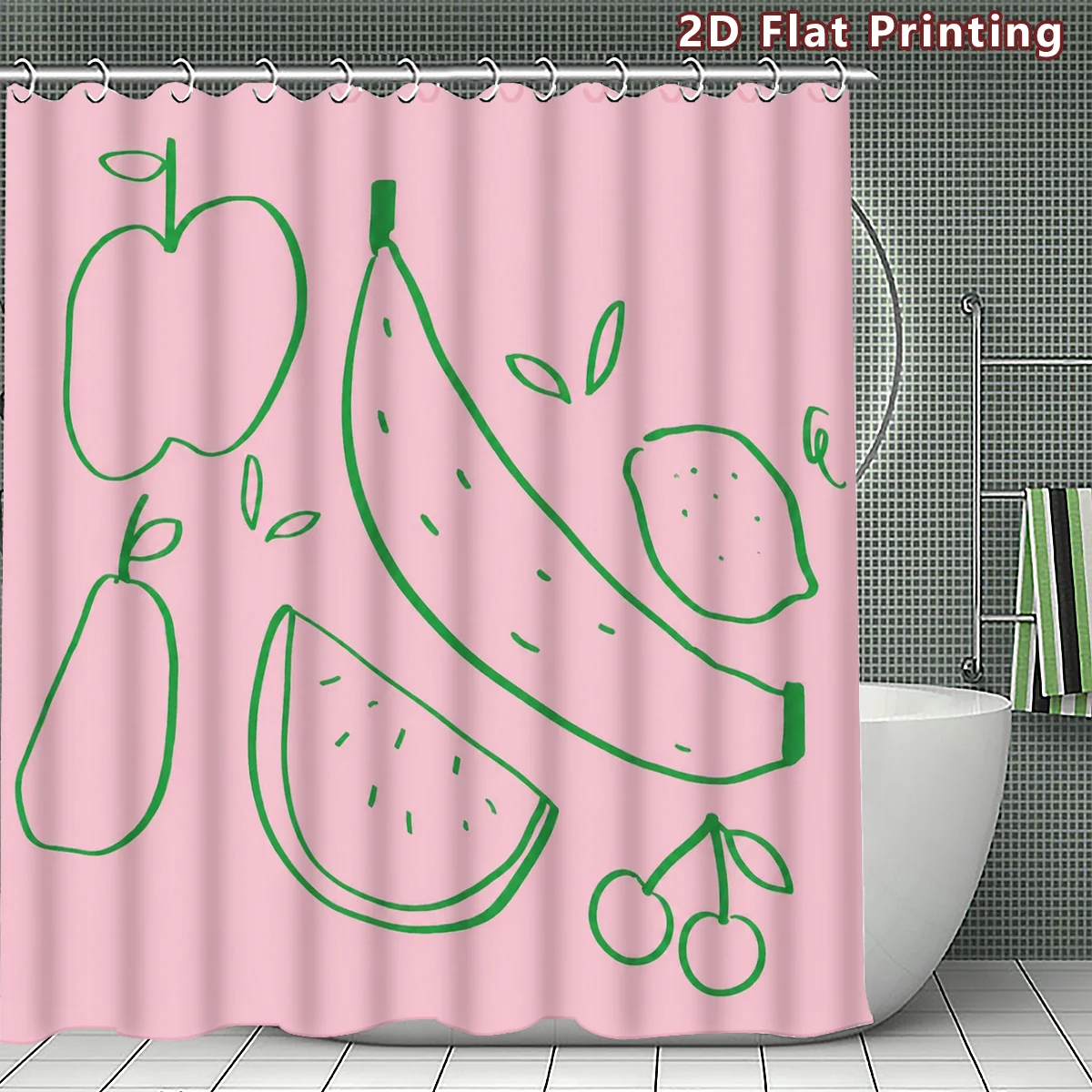 

Pink Fruit Shower Curtain, Green Line Art Pattern Cute Apple Banana Watermelon Modern Bathroom Decor Waterproof Polyester Fabric