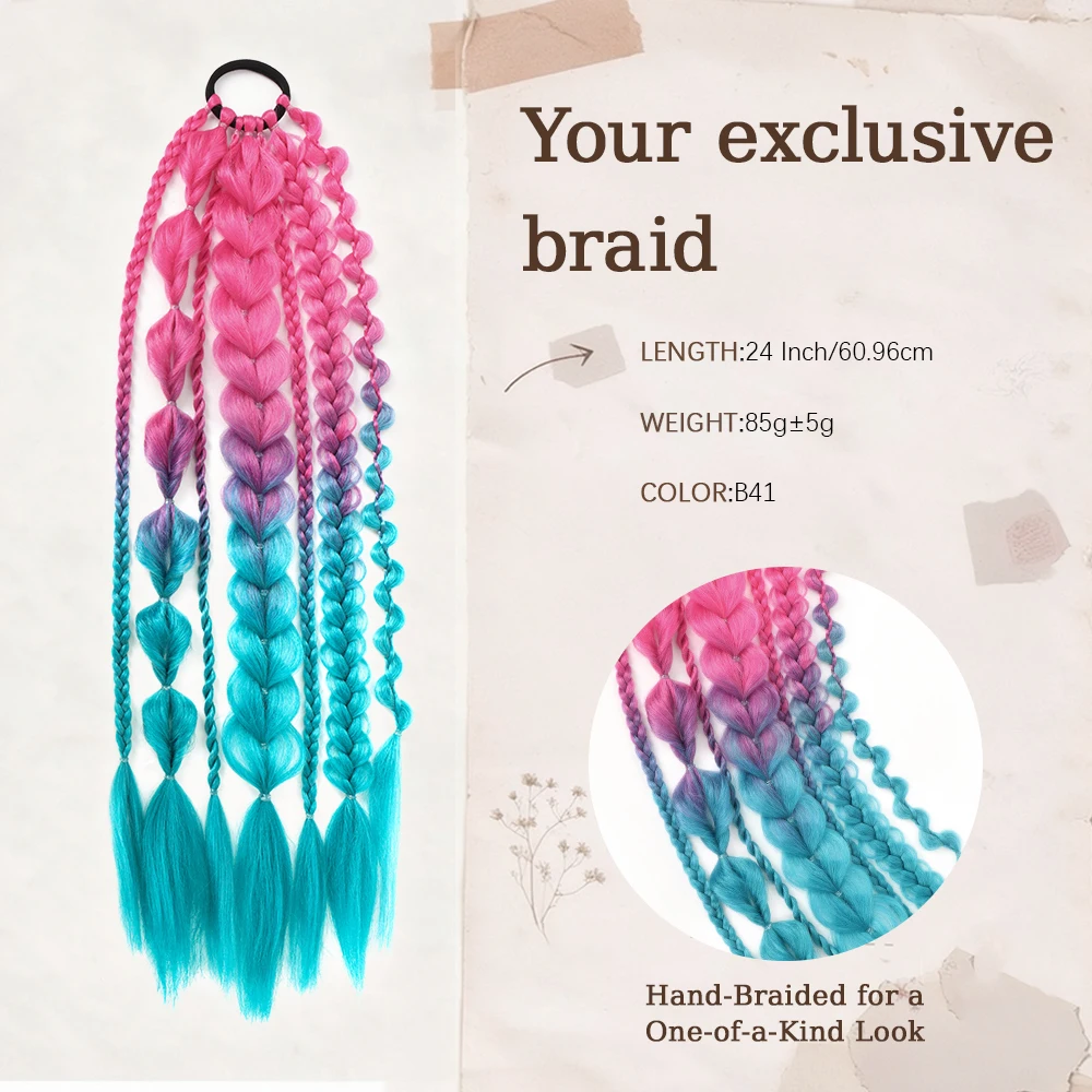 24Inch Synthetic Bubble Ponytail Hand Braided Elastic Rubber Band Twist Braid Hair Extension Colorful Braided Ponytail for Party