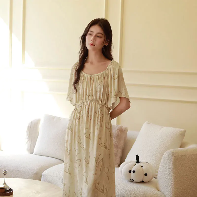 

New Fashion Floral Viscose Long Nightgowns For Women Summer Short Sleeve Sleepwear Elegant Loose Night Dress Home Wear