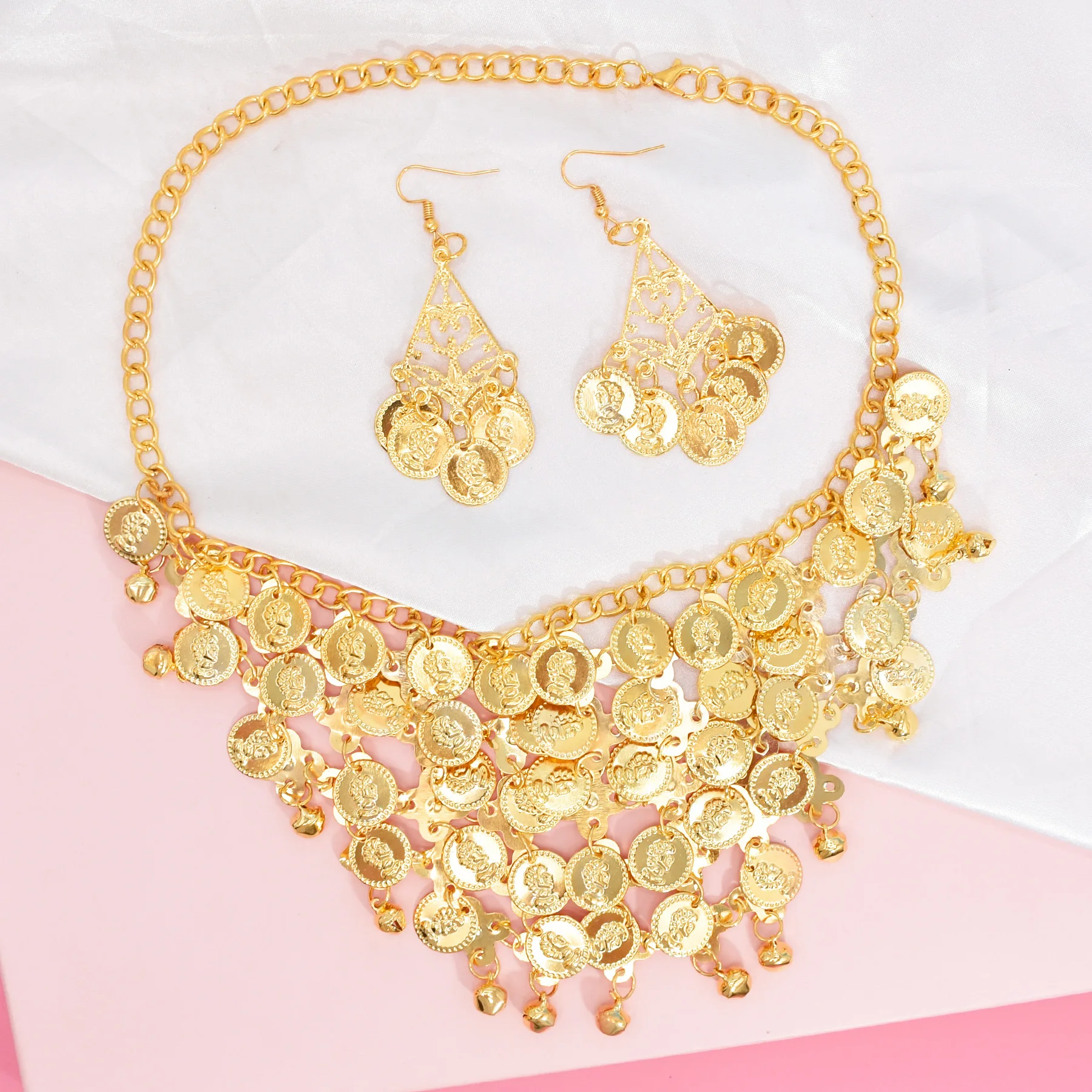 Indian Vintage Ethnic Traditional Women's Necklace Earring Set Alloy Exaggerated Geometric Tassel Dance Fashion Jewelry Set Gift