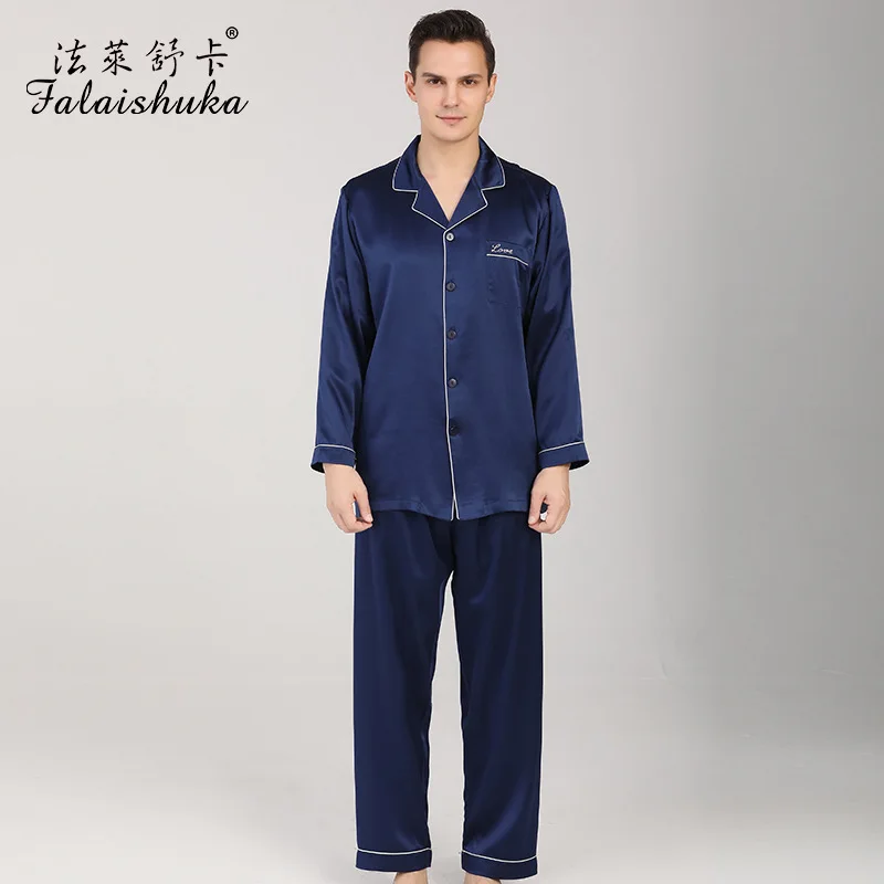 22 momme 100% silk pajamas sets men pure color Long sleeves natural mulberry silk pyjamas for male spring sleepwear T9098