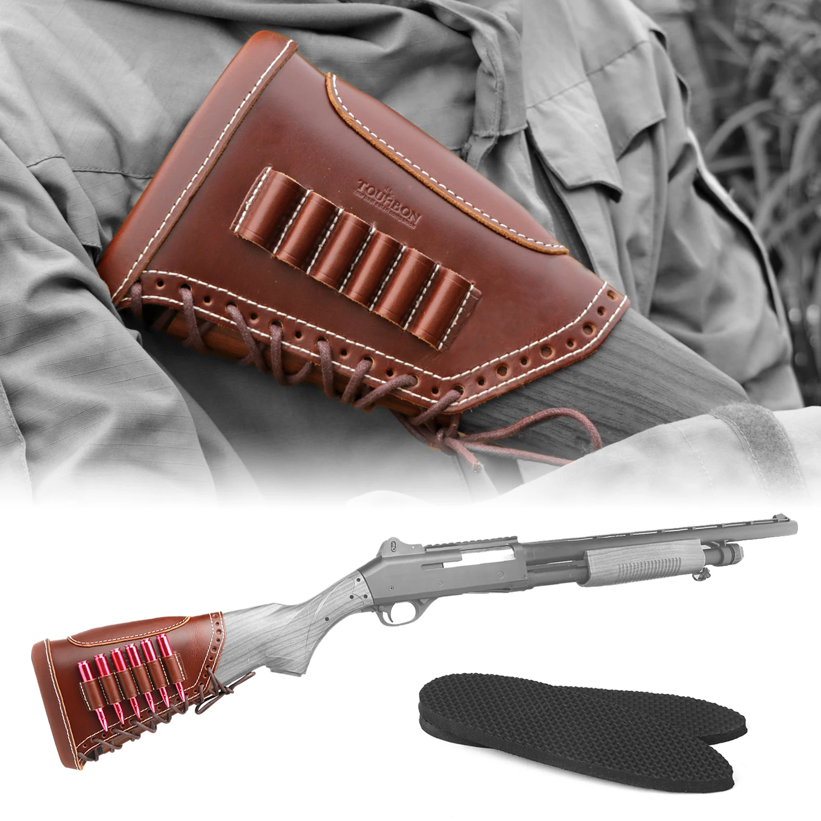 Tourbon Hunting Tactical Leather Gun Buttstock Cover Rifle Cheek Rest Riser with Firearms Cartridges Holder Carrier Adjustable