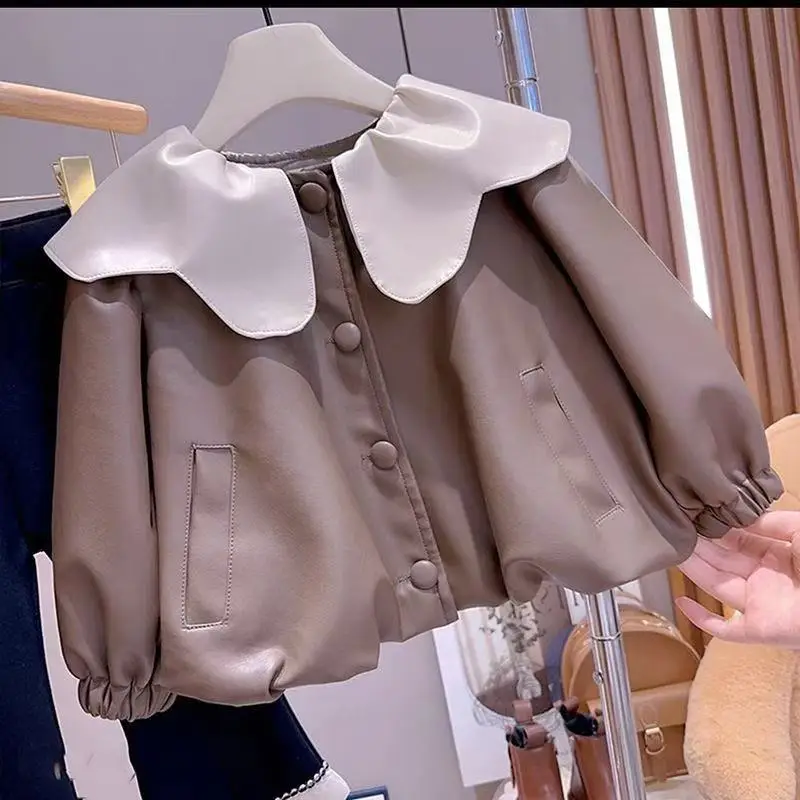 

Spring and Autumn Girls' Leather Coat Fashion 2026 New Style Children's Collar Leather Jacket Top Windbreaker Kids Clothing
