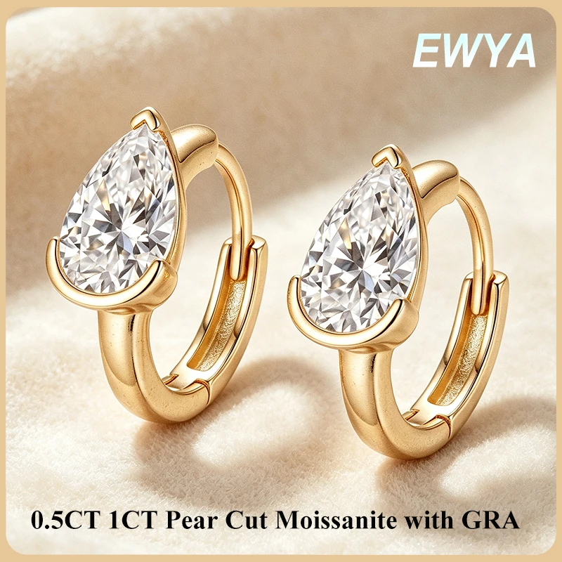 EWYA Half Bezel 0.5CT 1CT Pear Oval Marquise Cut Moissanite Huggie Hoop Earrings for Women S925 Silver Small Ear Buckle Gift