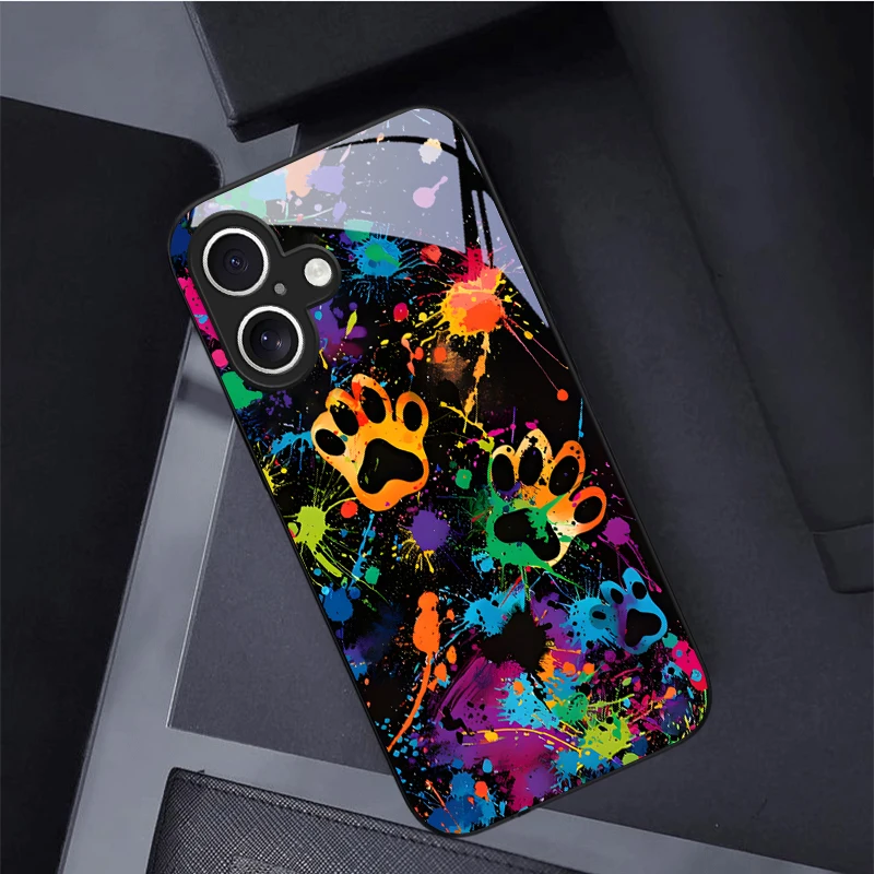 Vibrant Dog Paw Graffiti Black Glass Phone Case For iPhone 16 Pro 17 Pro Max 11 12 mini 13 14 XR X Max 16E 7 8 6 Air Back Cover