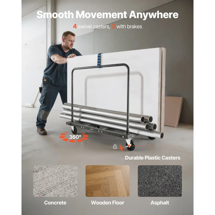 عربة الحوائط الجافة دوللي سعة 1800 رطل عربة شاحنة ذات لوحة فولاذية مع عجلات دوارة 5 بوصة دوللي الحوائط الجافة الخشبية مع ربطة عنق للأسفل