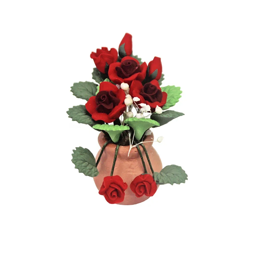 1/12 Dollhouse Miniature Accessories Mini Red Rose Potted Plant Simulation Flower Model for Doll House Decoration ob11