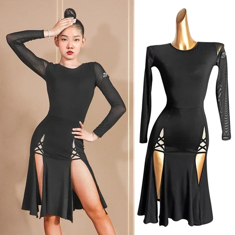 

Одежда для танцев с длинными рукавами для взрослых, платье для латинских танцев, женское сетчатое тренировочное платье с разрезом, костюм для выступлений самбы, сальсы VDB3559