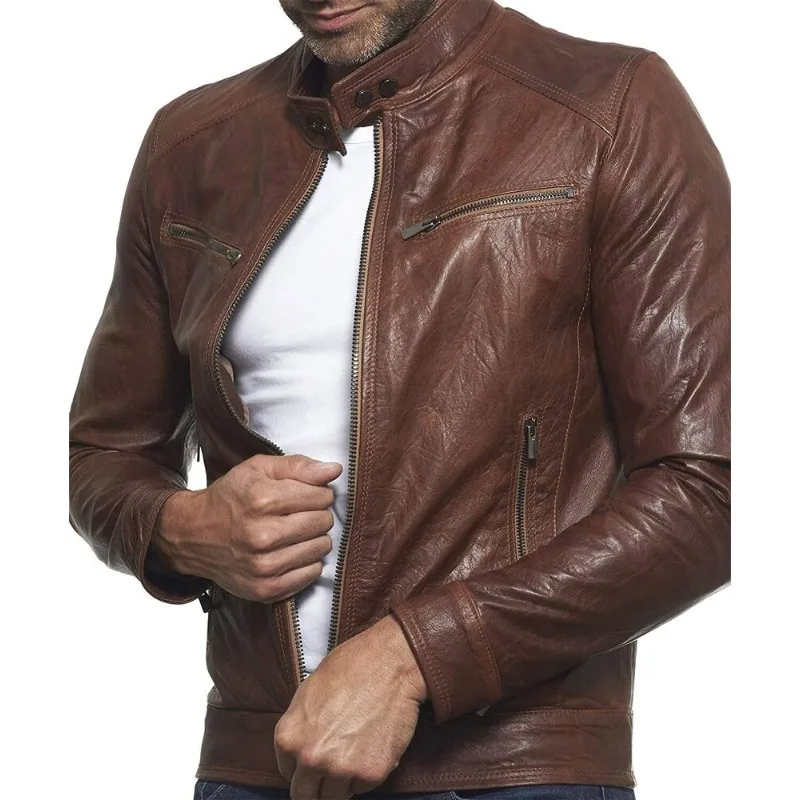 Casual Men's Real Genuine Lambskin Biker Leather Jacket Classic Slim Fit Zipper