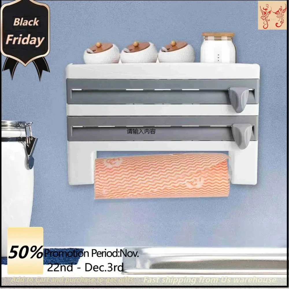 Kitchen Sauce Bottle Storage Rack Paper Towel Holder Mount Kitchen Tool Cling Film Cut Grey