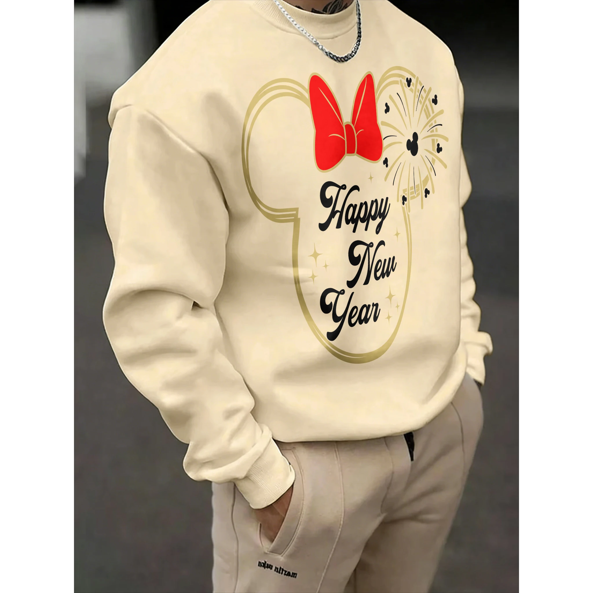 

Мужской свитшот с круглым вырезом и принтом Минни, осенне-зимняя коллекция 2026, модный, теплый, из хлопка с начесом, свободный повседневный крой