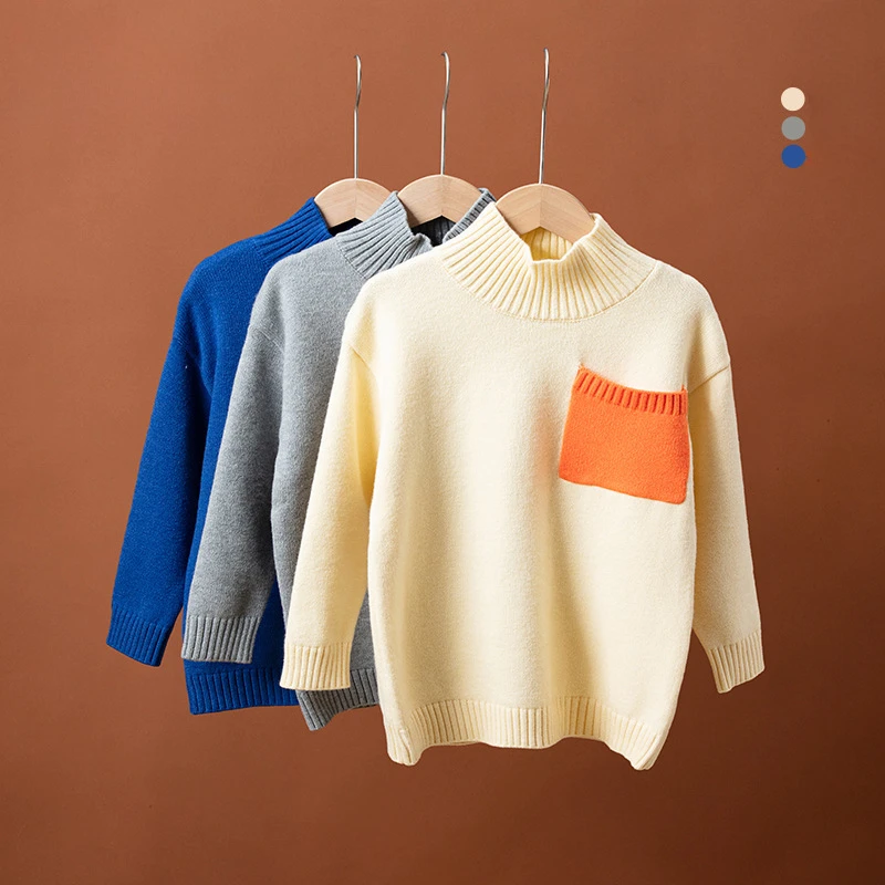 

Baby Kids Turtleneck Sweater Warm Color-blocked Pocket Design Wool Knitted Sweater Casual Daily Autumn Winter Children Tops