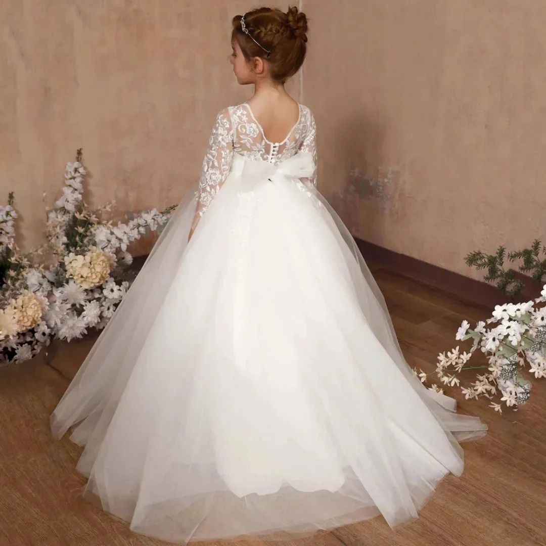 Customized Ivory Flower Girl Dress Flory Appliques With Bow Long Sleeve For Wedding Birthday Prom Party Holy Communion Gowns