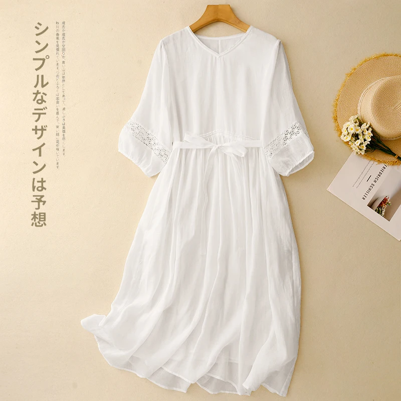 

Spring Summer New Cotton Ramie Dress Women Thin Retro Loose Long Dress Boho Beach Streetwear