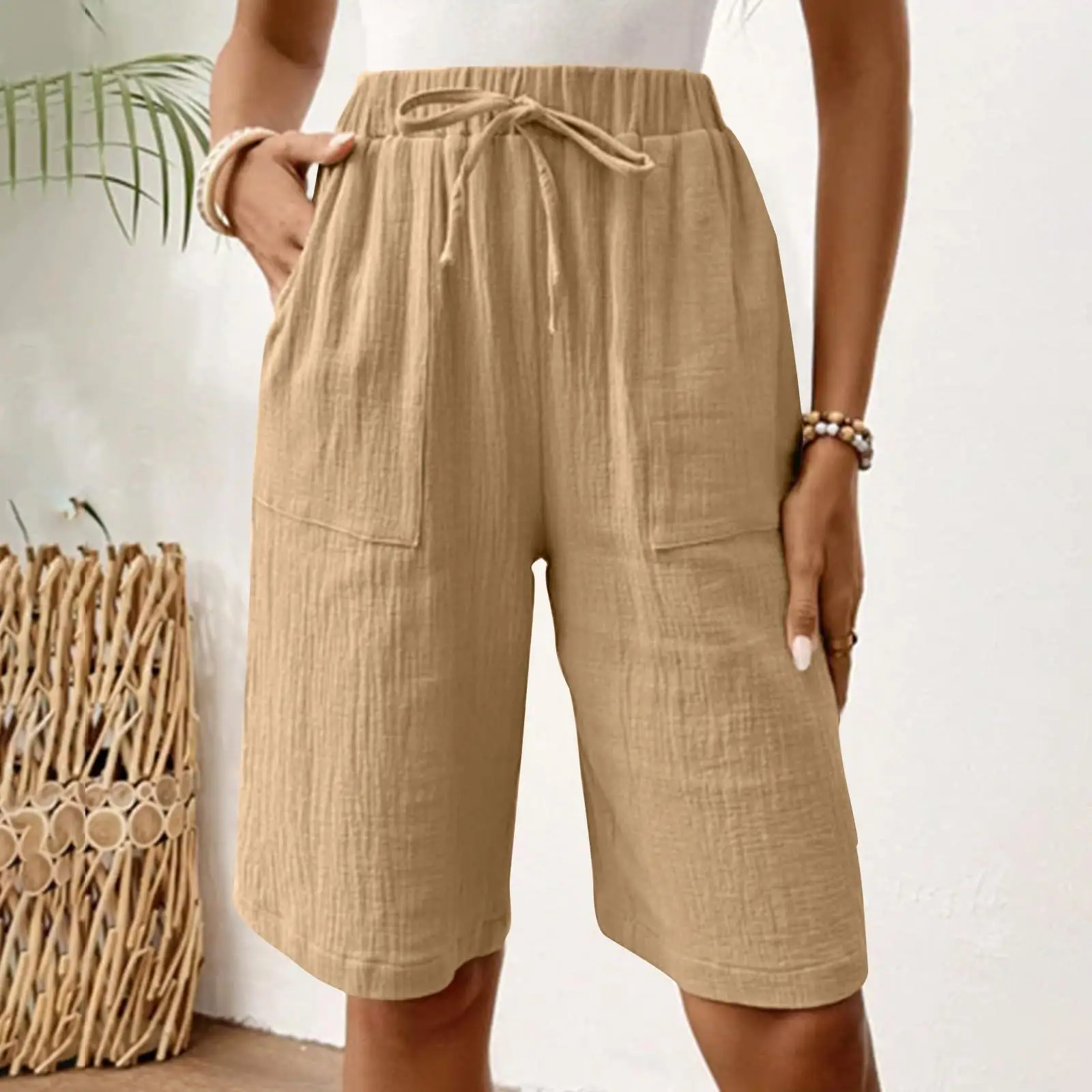 Casual Cotton Linen Elastic Waist Loose Fit Pants with kets 2024 New Sle Cross-Border Independent Station for Women