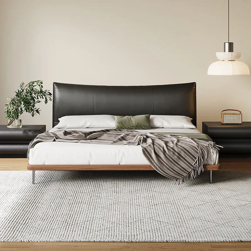 Italian light luxury leather bed retro minimalist double bed medium and ancient wind bed master bedroom simple solid wood flush
