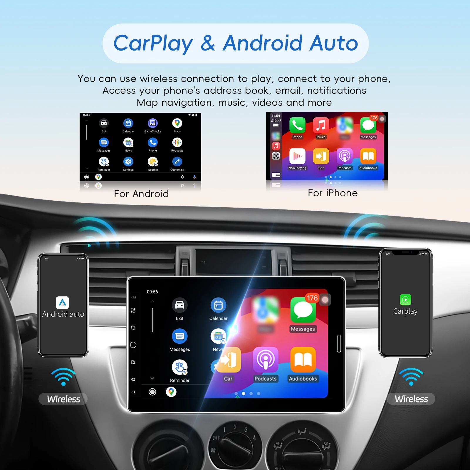 Podofo 1DIN CarPlay Autoradio Android Auto Mirror Link Universelles Auto-MP5-Player FM/AM/RDS Radio Bluetooth USB DVR AUX-IN – Detail 2