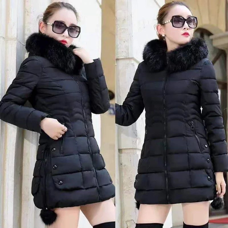 2024 Winter Women Jacket Parka Big Fur Collar Hooded Thick Warm Female Coat Casual Outwear European Fashion Black Female Tops