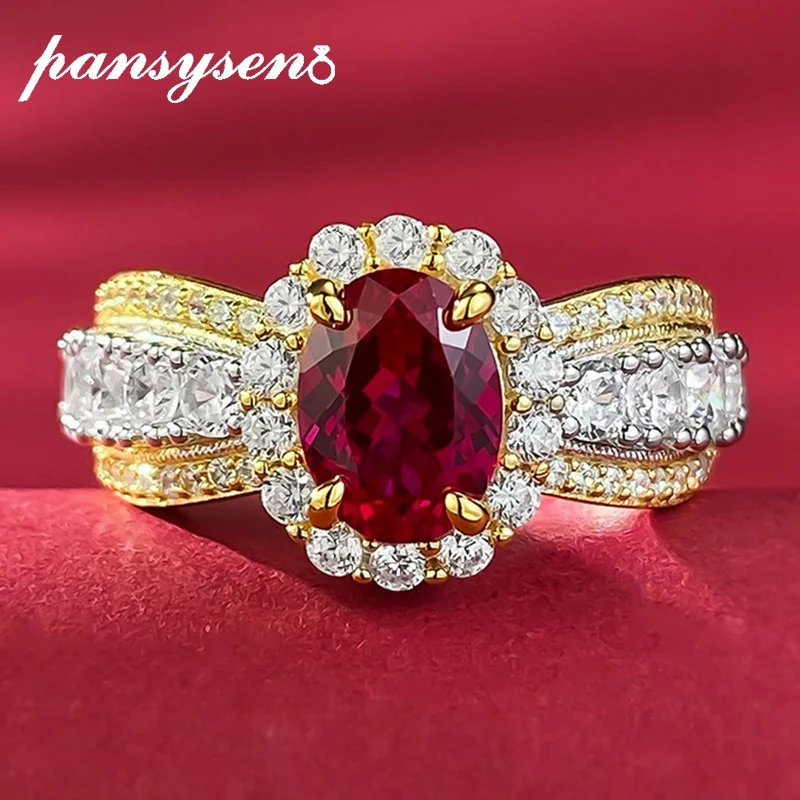 

PANSYSEN 100% 925 Sterling Silver 6x8MM Oval Cut Ruby High Carbon Diamond Finger Ring Wedding Engagement Fine Jewelry Wholesale