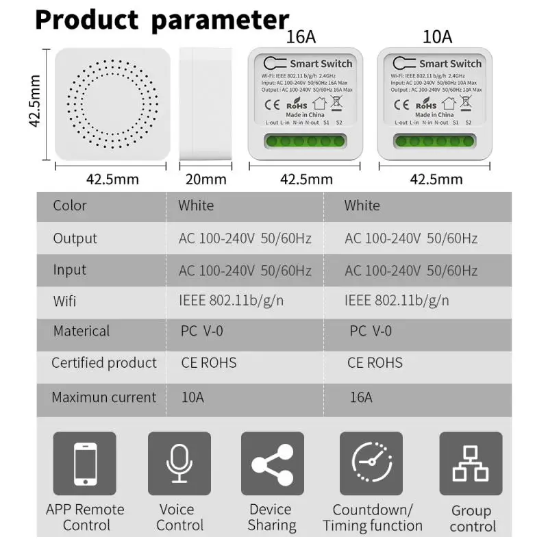 Tuya ZigBee / WiFi Mini Smart Switch 16A 2 Way Control Smart Home Automation Module Work with Alexa Google Home Alice Smart Life