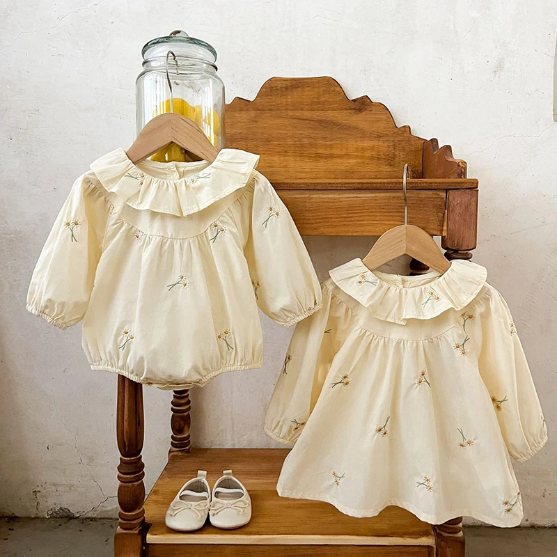 

2025 New Autumn Sister Dress 0-3Yrs Baby Girl Party Dress Long Sleeved Cotton Embroidery Baby Girl Romper Kids Princess Dresses