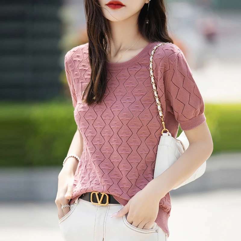 Women's T-shirt Summer 100% Cotton Sweater Short Sleeve Fashion Knitted Round Neck Ladies Tops Loose Blouse Pullover Hollow Tees