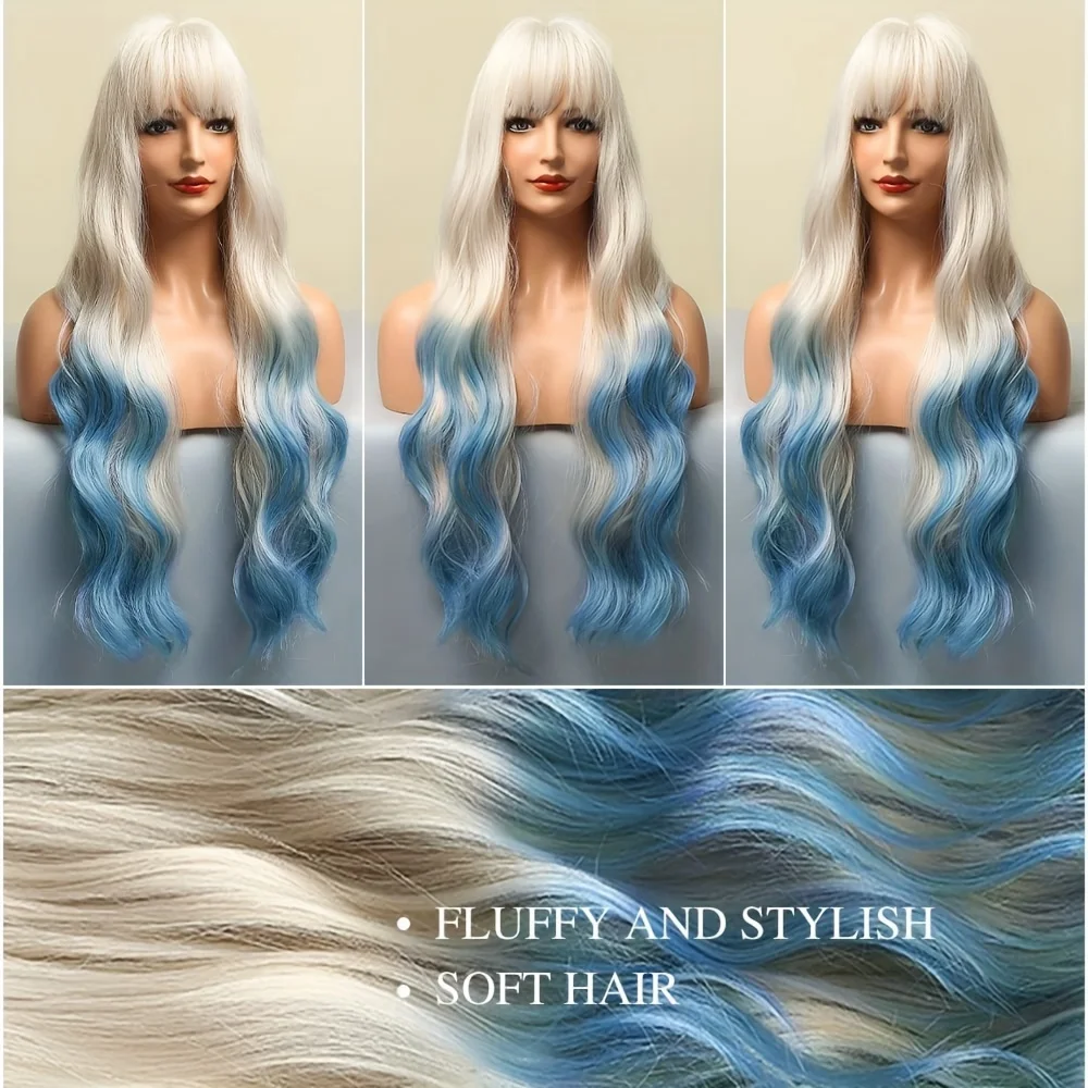 Synthetic Ombre Blue Wig with Bangs Long Ombre Blue Wigs for White Women Long Wavy Wig Heat Resistant Wigs