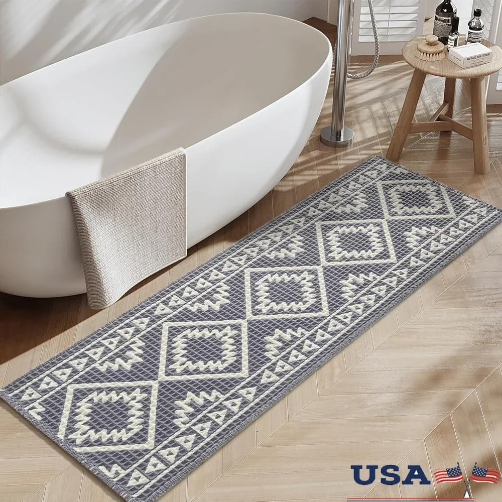 

Non Slip Waffle Bath Runner 24"x72" Super Absorbent Machine Washable Bathroom Rug Soft Tassel Design Low Pile