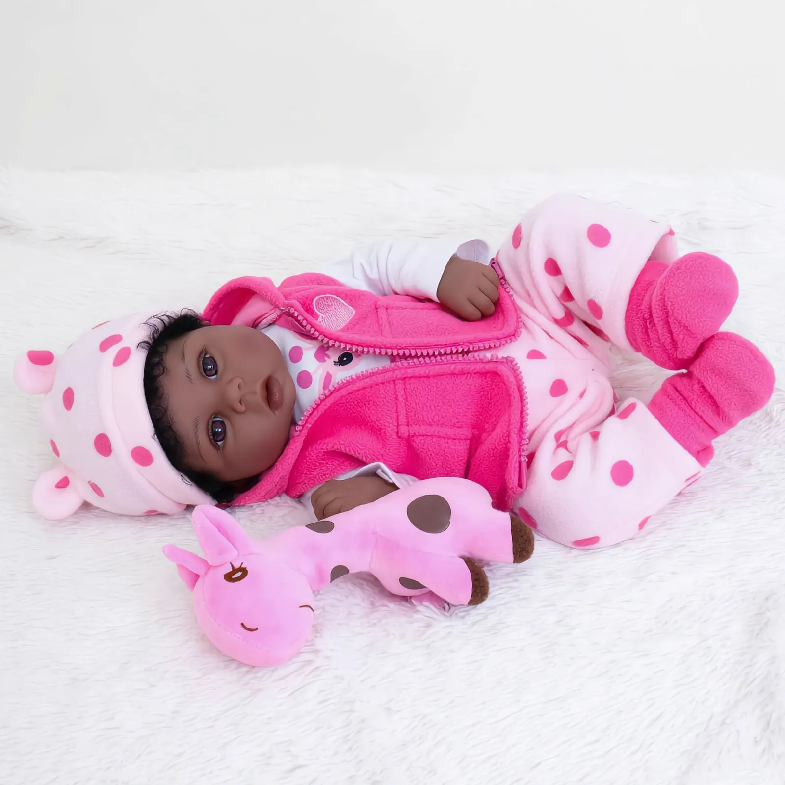 

20 Inch Lifelike Black Reborn Baby Doll, Realistic Newborn Doll with Open Eyes, Pink Polka Dot Set, Giraffe Toy & Magnetic Pacifier, Complete Set for Kids