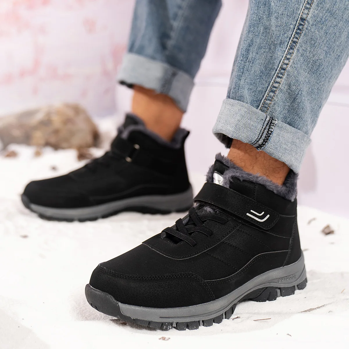 Damen-Knöchel-Winterstiefel aus PU, wasserabweisend, mit Plüschfutter, Klettverschluss, rutschfeste flache Sohle, warme Outdoor-Freizeitstiefel. – Detail 7