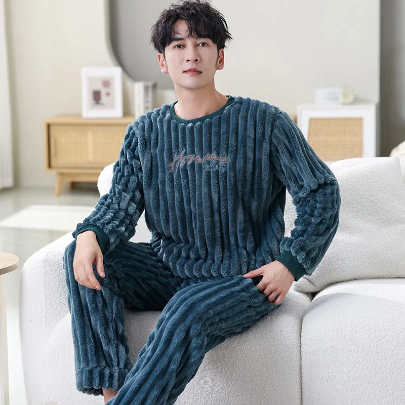 Flannel Pajamas Men Autumn Winter Pullover Warm Fleece-Lined Thickened Sleepwear Sets Coral Fleece Large Size Male Homewear Suit