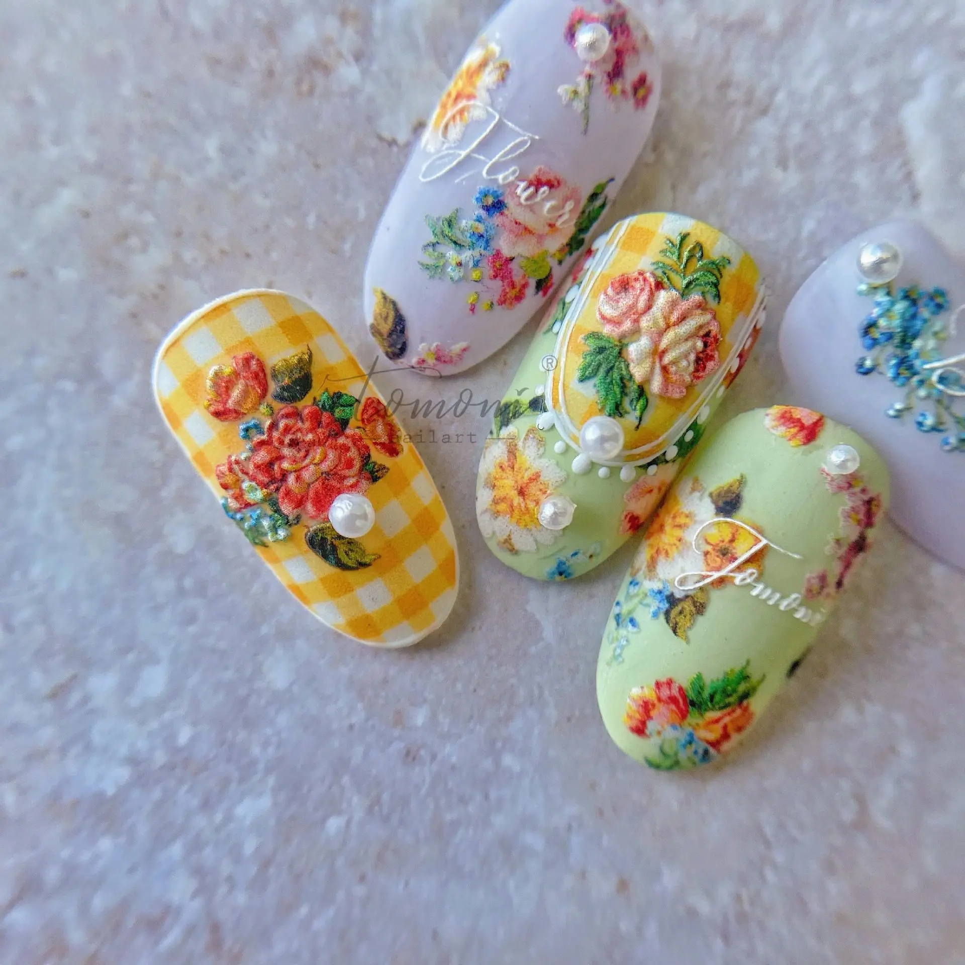 Vintage Garden Colored Oil Painting Flowers 5D Embossed Reliefs Self Adhesive Nail Art Decorations Stickers 3D Manicure Decals