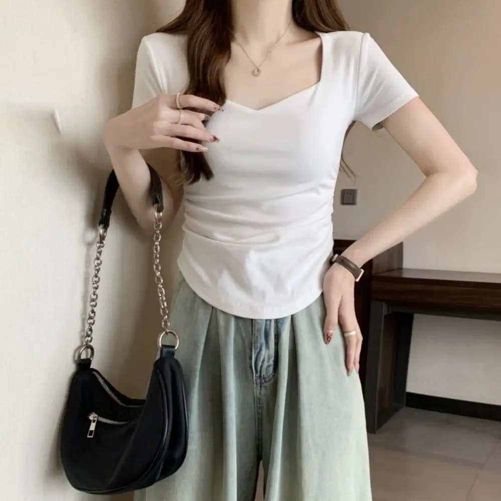 الحلو سليم صالح Y2K المحاصيل القمم مطوي الصيف الكورية تي شيرت النساء الملابس قصيرة الأكمام الصلبة تي شيرت قصير الطرف