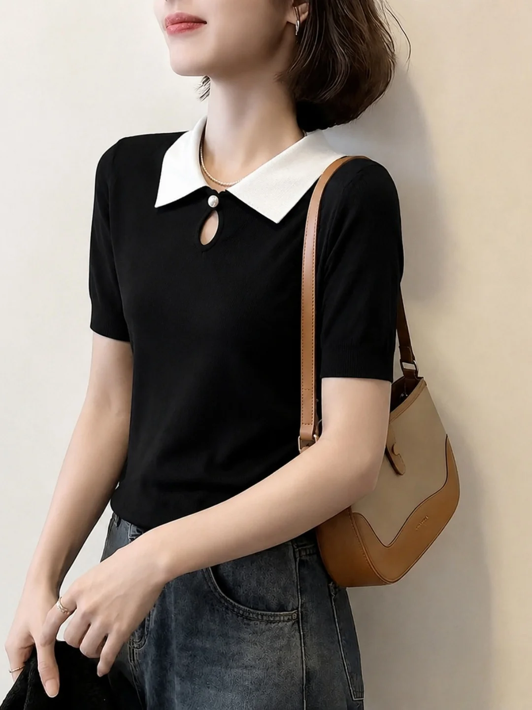 

Chic Collared Short Sleeve Knit Top Color Block Elegant Style Commute Fashionable Summer Outfit Versatile Stylish Overhead Shirt