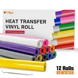 HTVRONT 6\10\12 Pack Colors 12X5ft PU Heat Transfer Vinyl Roll for T-shirt Printing DIY Iron on HTV Film Easy to Cut Weed