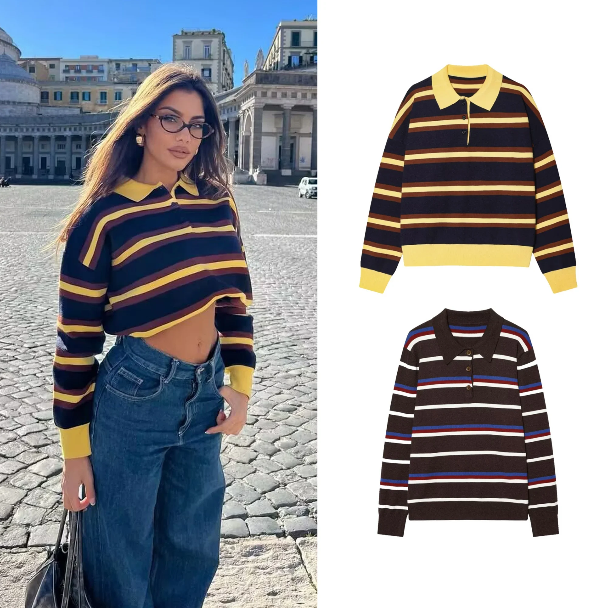 

Women Striped Knitted Polo Shirt Spring New Female Turn-Down Collar Pullover Lady Youthful Vitality Knitted Long Sleeve Sweater