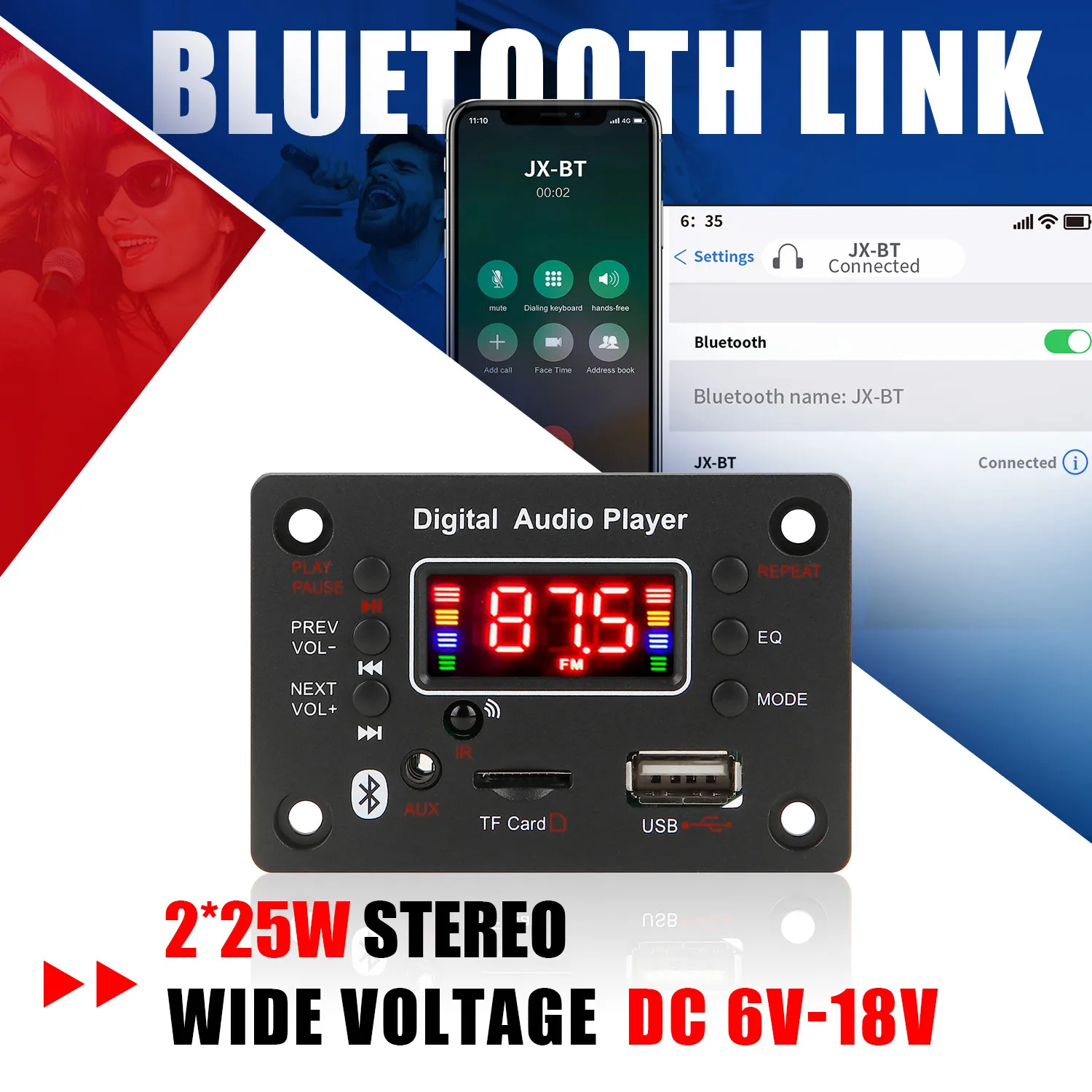 2*25W wzmacniacz odtwarzacz MP3 płyta dekodera 18V Bluetooth 5.0 50W wzmacniacz samochodowy moduł radia FM obsługa TF USB AUX