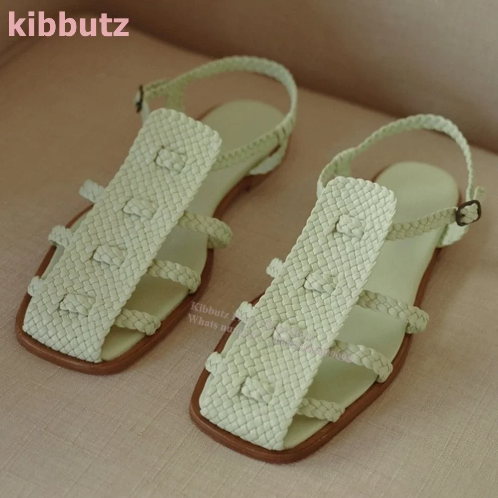 

Weaving Rome Sandals Square Toe Flat With Ankle Strap Genuine Leather Solid Color Fashion Elegant Concise Sexy Women Shoes