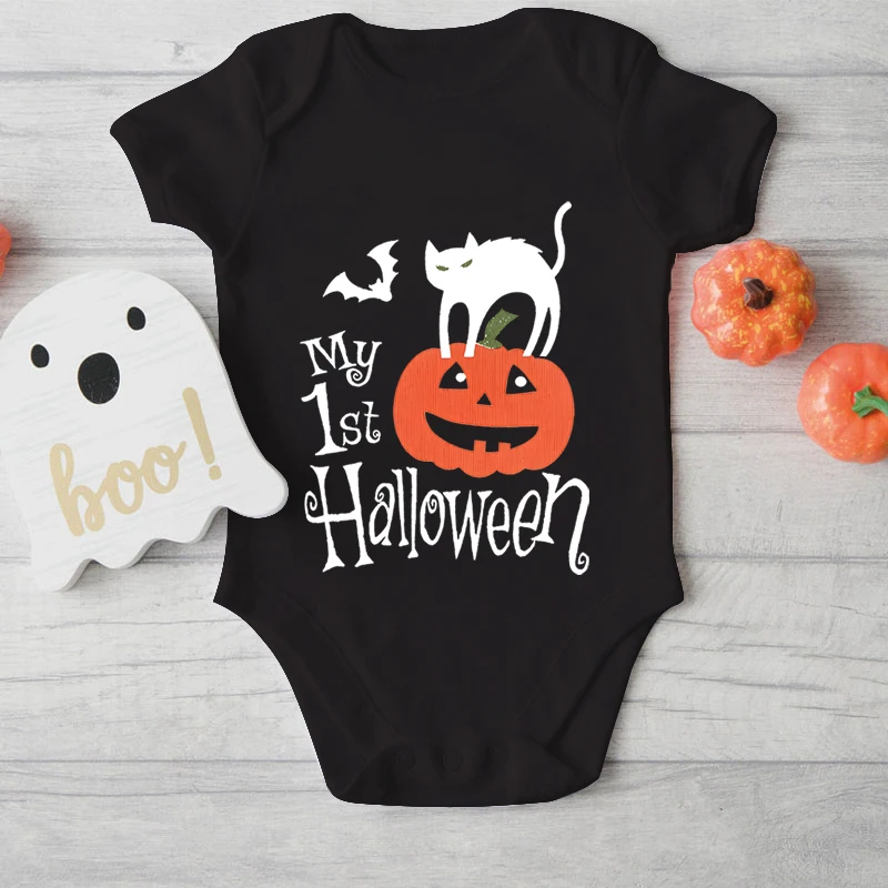 Funny Cat Bat Pumpkin Bodysuits 100% Cotton White Newborn Boys Girls Clothes My 1st Halloween Fashion Creative Infant Jumpsuits