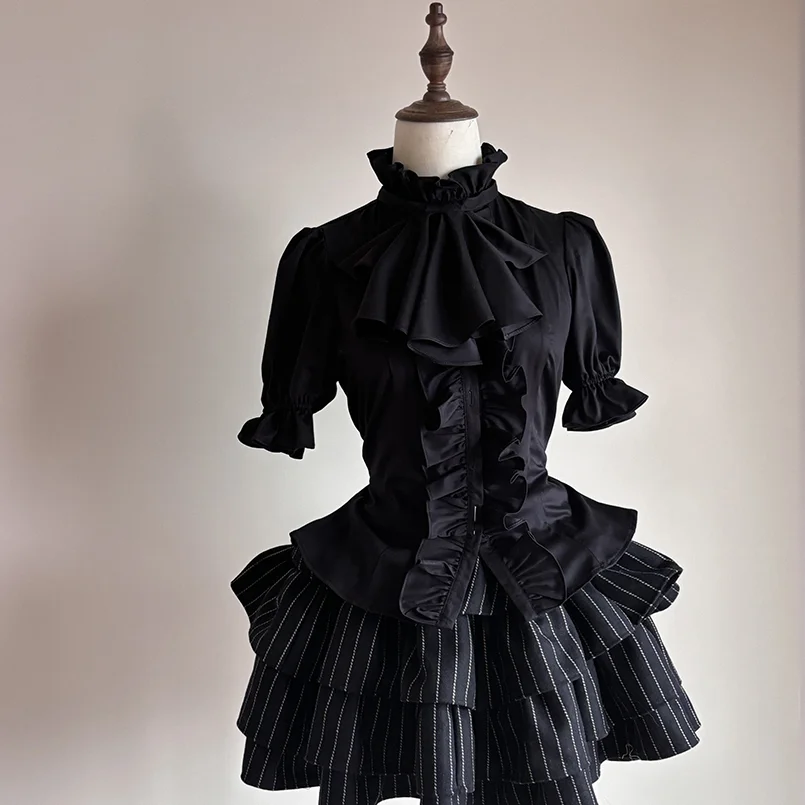 

Japanese Gothic Lolita Puff Sleeves Shirts Y2k Aesthetic Ruffles Bow Slim Blouse Tops Women Vintage Elegant JK Blusas