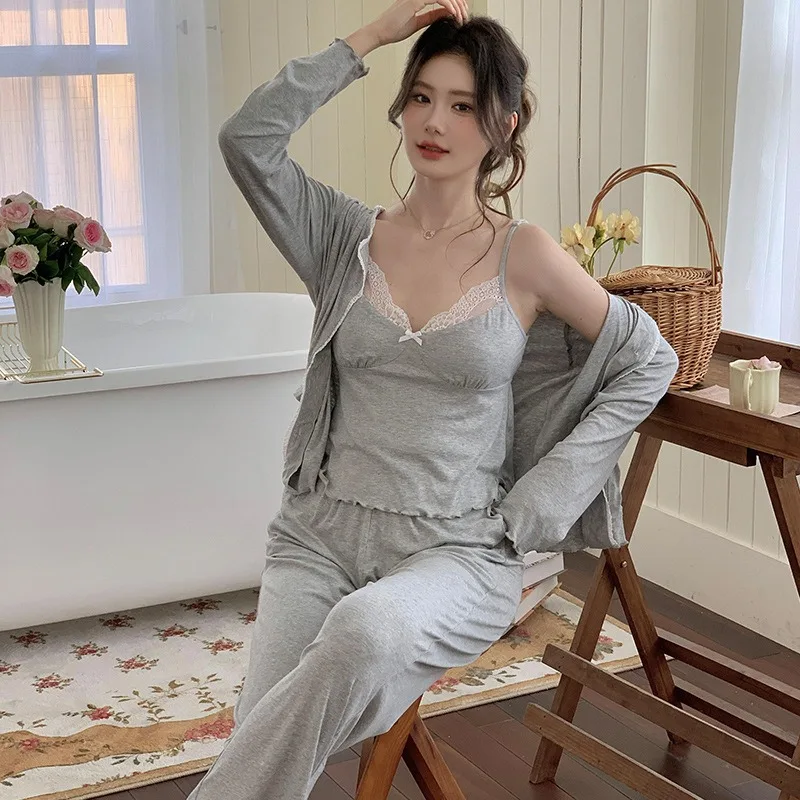 French Style New Three Piece Suspender Pajama Set Spring Autumn Sweet Cotton Long Sleeves Versatile Loungewear Outdoor Wear XL