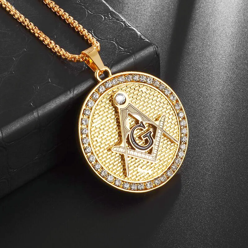 Cz Inlay Masonic College Style Men's Necklace Masonic Compass Symbol Stainless Steel Pendant