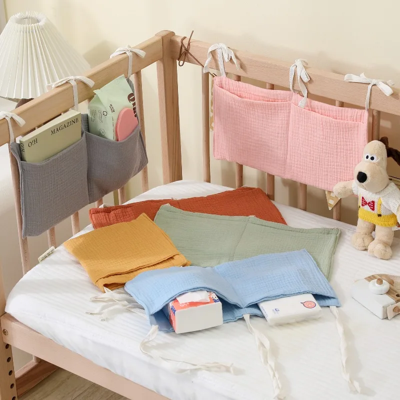 Double-Layer Cotton Gauze Crib/Cart Organizer, Double Pocket Storage Bag, Hanging for Store Diapers, Wipes, Bottle, Essentials